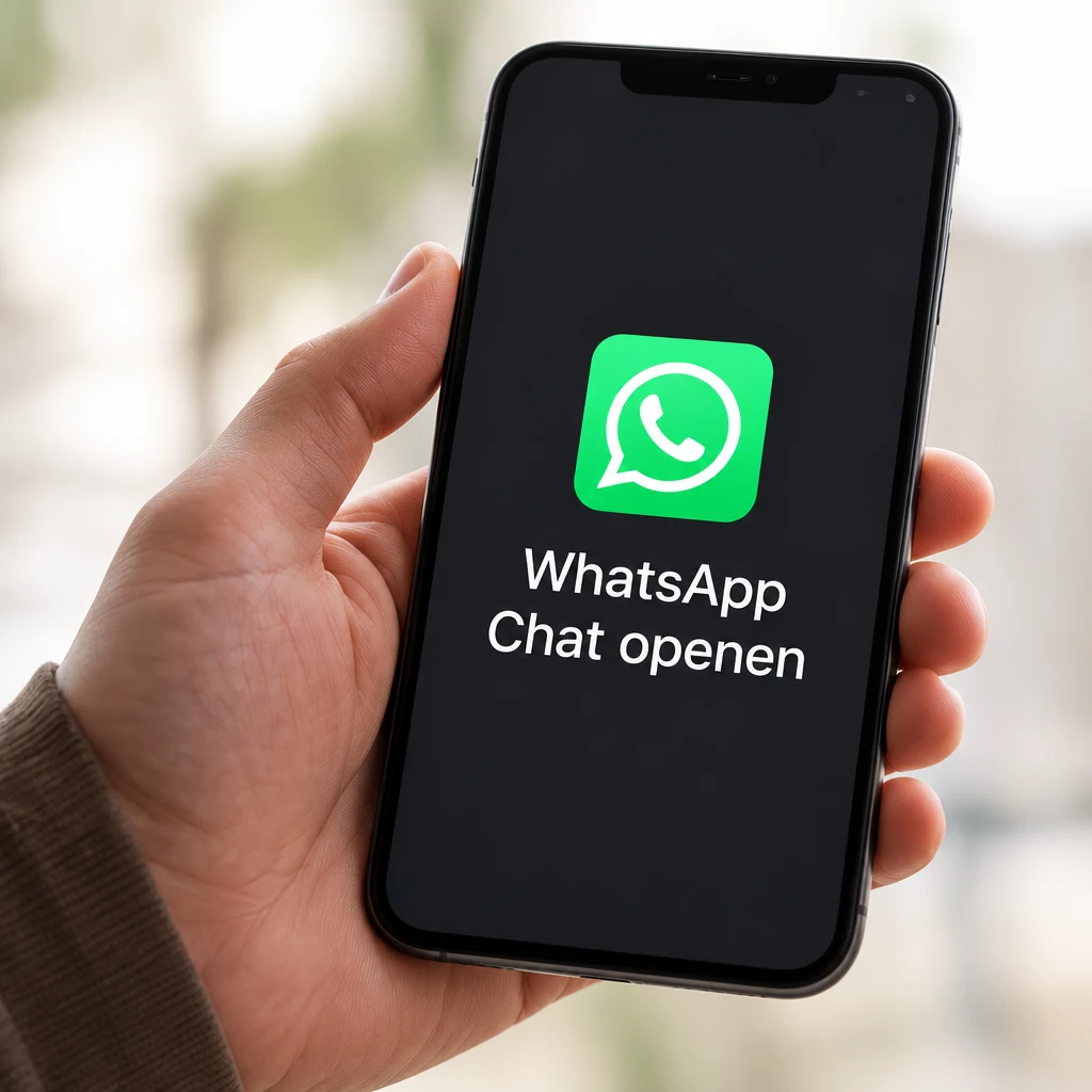 Hand met een smartphone waarop een WhatsApp-gesprek te zien is